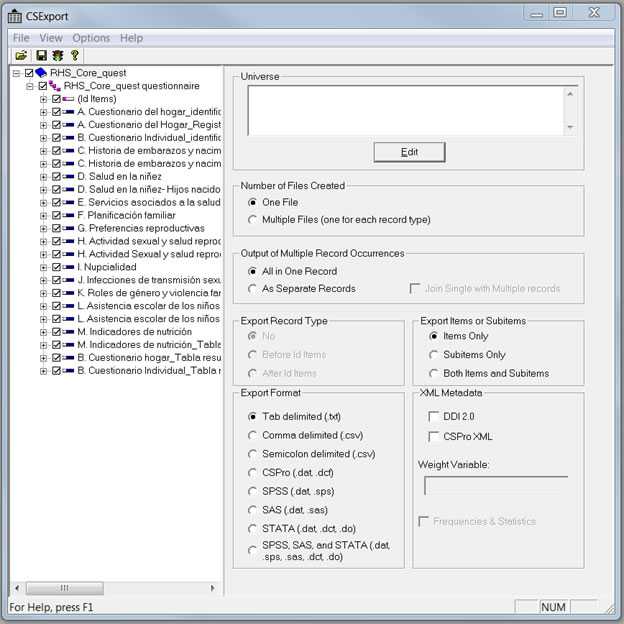 Ventana de Exportación de Datos de CSPro